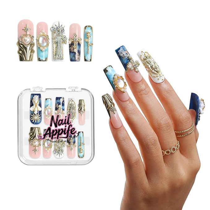 Handmade Long & Medium Square Press-On Nails | 10pcs Reusable Acrylic False Nails with 3D Flowers, Rhinestones & Gradient French Design | Salon Quality Luxury Nails – NailAppif (Celestial Charm,S)