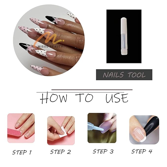 MISUD Press on Nails - Long Stiletto Fake Nails with Polka Dot, Acrylic French Tip Design 24 pcs
