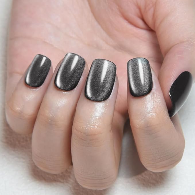 evpct Black Silver Cat Eye Press on Nails Short Square, Short Square Stick on Nails for Women Gift, Silver Grey Gray Metallic Glitter Shimmer Reusable Gel Press on Acrylic Fake Nail with Design