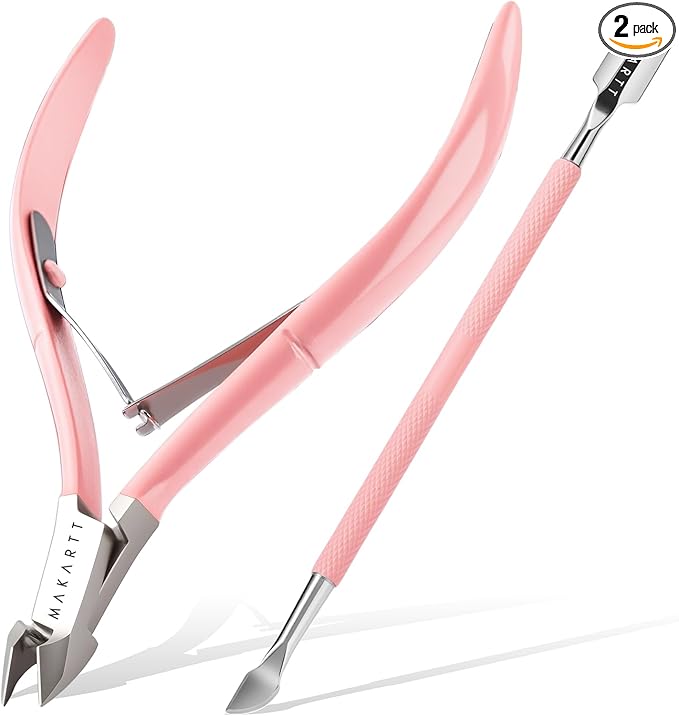 Makartt Cuticle Trimmer with Cuticle Pusher - Stainless Steel Cuticles Nipper with Dual Spring, Ergonomic Handle, 7mm Blade & Dual-Ended Pusher for Nail Care & Gel Removal, Pink