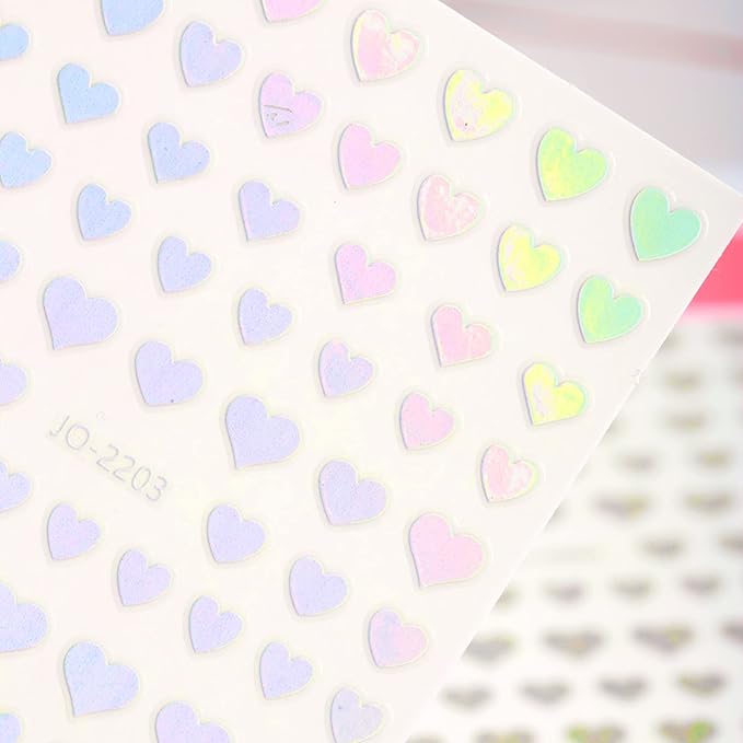 12 Colors Love Heart Nail Art Stickers, 3D Love Self-Adhesive Sticker Design, Laser Gold Silver Red Black White Pink Yellow Green Pink Blue Heart Nail Transfer Decals for Women Manicure Decorations
