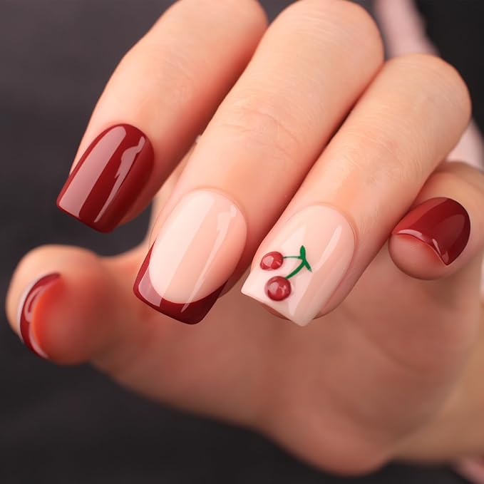 Burgundy French Short Square Press On Nails, Nude Fake Nails with Wine Red French Tips and 3D Cherry Detail, Glossy Gel Finish Acrylic Nails, Fall Reusable Glue On Nails Kit for Women, 30Pcs