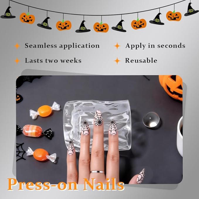Nude Pink Halloween Press on Nails Short Almond with Cobweb Designs, Short Almond Artificial Fake Nails with Spider Web Design, Perfectly Fit Full Cover Glossy Stick on Ghost Nail for Women Girls