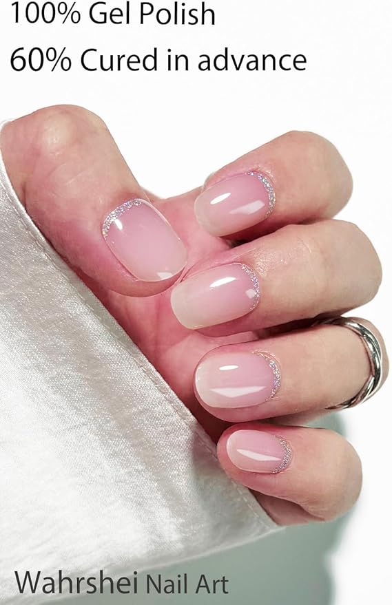UV Gel Nail Stickers, Pink Ombre Glitter 30pcs Semi Cured Gel Nail Strips, Wraps for Home Manicure DIY