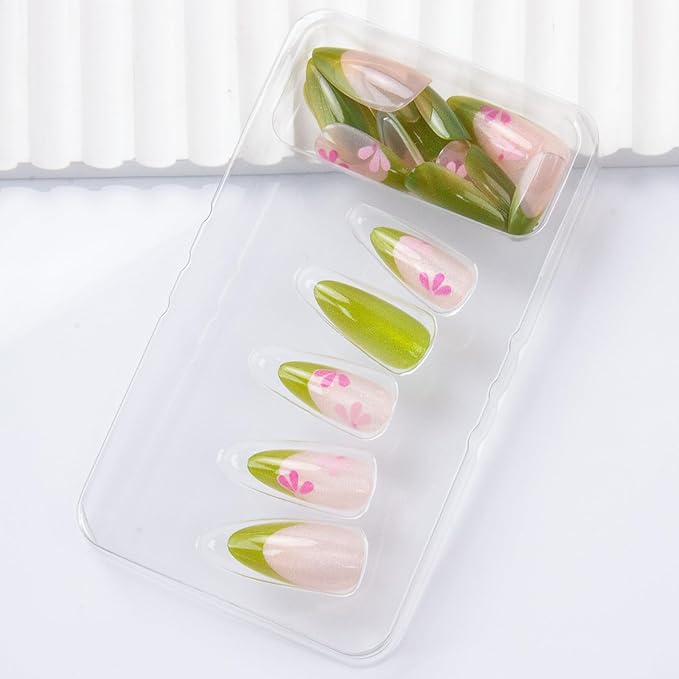 Green Cat Eye Press on Nails Medium Almond Fake Nails Spring Flowers False Nails French Tips Acrylic Nails Glossy Stick on Nail for Women Decoration 24Pcs