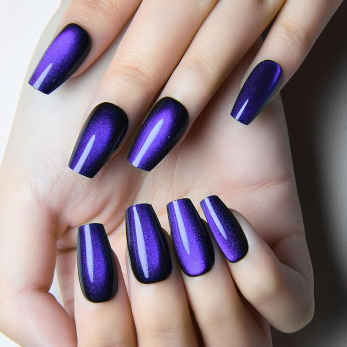 evpct Royal Blue Cat Eye Coffin Press on Nails Square Medium, Medium Square Stick on Nail for Women Gift, Royal Blue Metallic Glitter Glossy Reusable Soft Gel Press on Acrylic Fake Nails with Designs