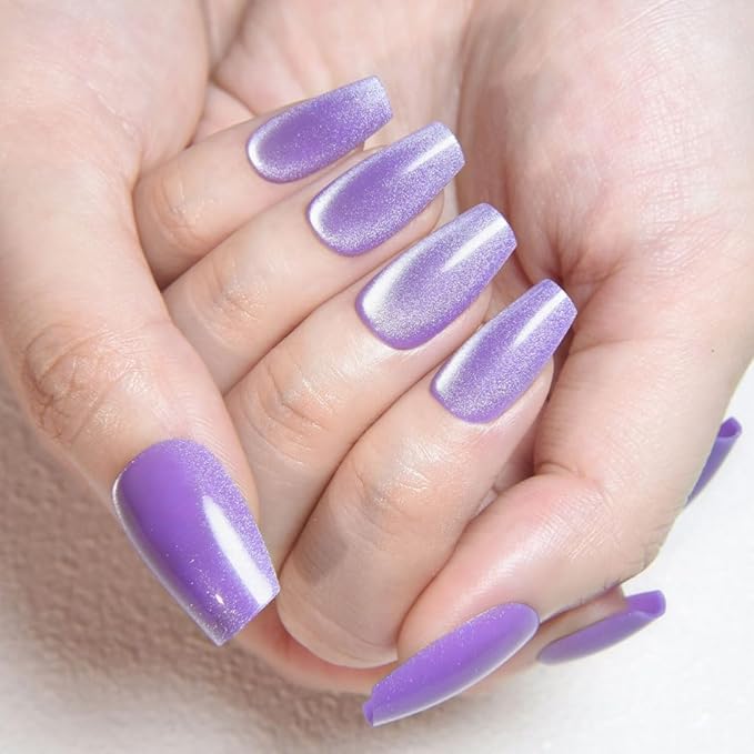 evpct Violet Purple Cat Eye Coffin Press on Nails Square Medium, Medium Square Stick on Nail for Women Gift, Purple Metallic Glitter Glossy Reusable Soft Gel Press on Acrylic Fake Nail with Designs