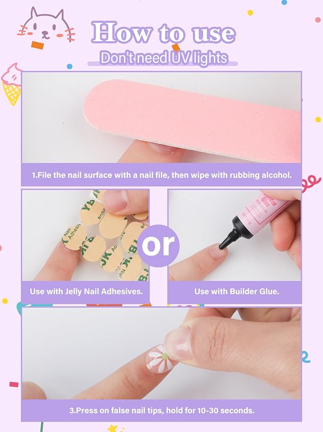 EBANKU 78Pcs Press on Nails kids, 3 Pack Children Acrylic Fake Nails Cute Full Cover Flower Short Stick On False Nail Kits Set for Little Girls with Nail Glue