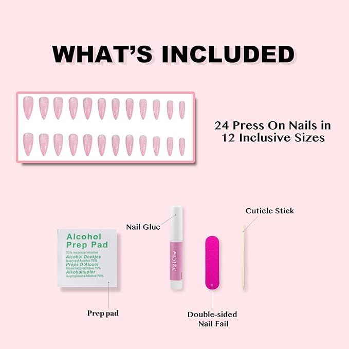 Press On Nails - Pink Glitter| Bright Pink Glitter Velvet Nails, Medium Almond Shaped Press On Nails with Cat Eye Design for Women and Girls, 24 Pcs Reusable Fake Nails