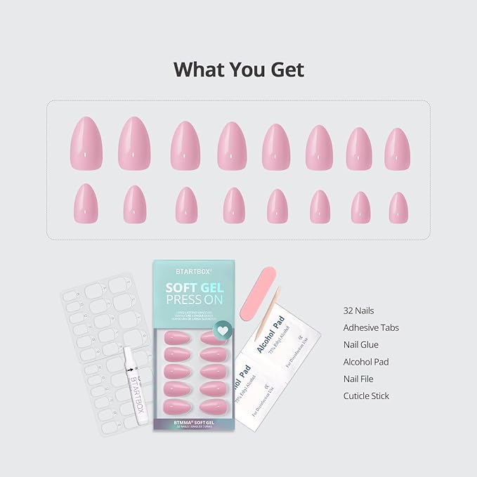 BTArtbox Press On Nails Almond - Pastel Baby Pink Short Press On Nails with Glue for Women, Opaque Soft Gel Glue On Nails in 16 Sizes - 32 Stick On Nails Kit, Bounce Kiss