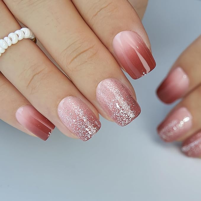 Curvlife Soft Gel Press on Nails Acrylic Short Square Fake Nails with Design Full Cover False Nails for Women Reusable Nail Kit (Misty Pink, 30pcs)