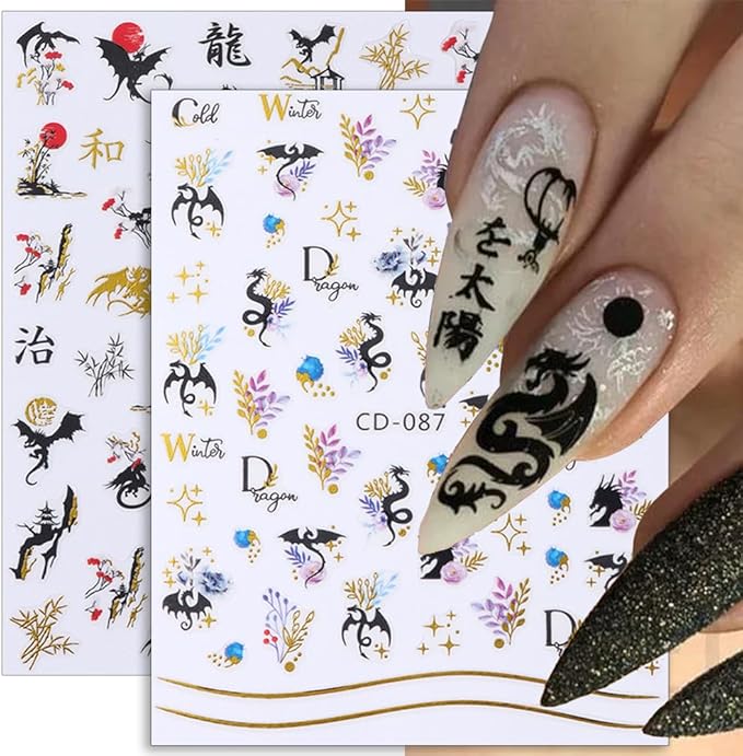 3D Gold Black Dragon Nail Stickers for Chinese New Year Dragon Nail Art Designs