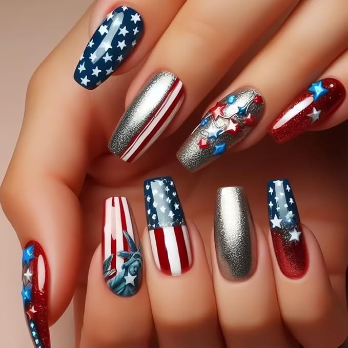 Independence Day Press on Nails Medium Square Fake Nails with Sliver Glitter Designs 3D Star Red Whiter Stripe False Nails Full Cover Glossy Stick on Nails Independence Glue on Nails 24Pcs