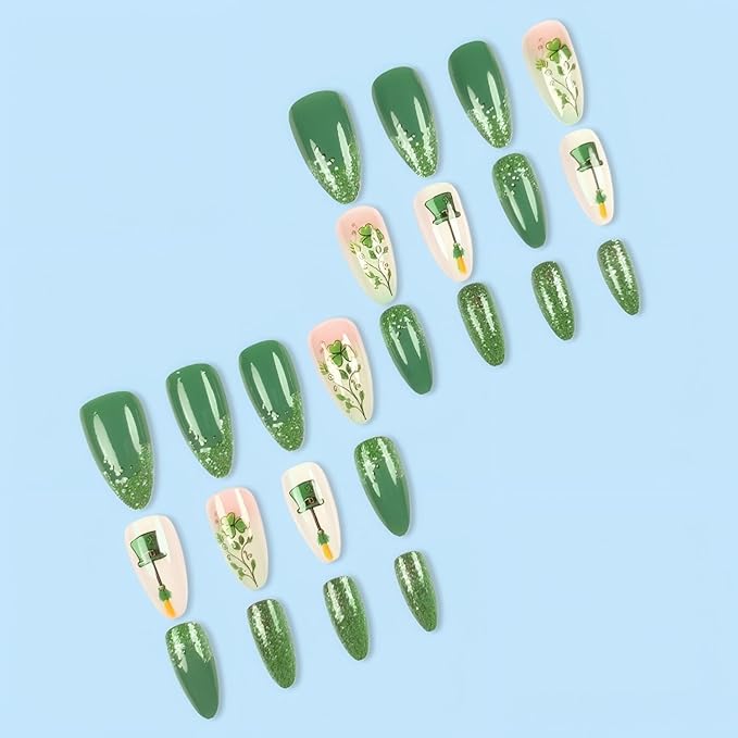 St. Patrick's Day Press on Nails Medium Almond Fake Nail with Green Glitter Designs False Nails Press Ons Stick on Nails Gift for Women 25pcs
