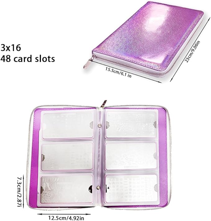 Finger Angel 48 Slots Holographic Nail Plates Holder Case Stamping Templates Organizer Retangel Nail Printing Molds Collection Manicure Tool Accessorie-6x12Cm Template Pink Color Case