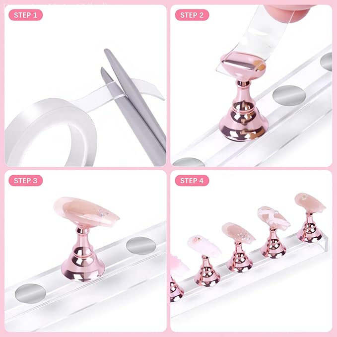 JUSTOTRY 4 Sets Pink Nail Painting Practice Stand With 1M Double-sided Tape Acrylic Fake Nail Art Holder For Press Ons Magnetic Nail Display Design Tools Kit Accessories For Home Diy Salon Supplies