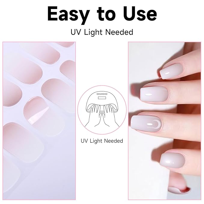 Semi Cured Gel Nail Strips, 28 pcs Gel Nail Stickers Work with Any UV Lights, Long-Lasting Nail Wraps, Stick on Nails for women Easy to Apply & Remove