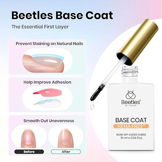 Beetles Hema Free Gel Top and Base Coat with Matte Top Coat Set, 3Pcs for Gel Nail Polish Soak Off UV LED Long Lasting Glossy & Matte Finish Nail Art Essentials
