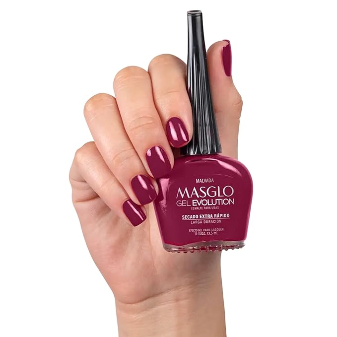 MASGLO GEL EVOLUTION Nail Polish Gel Effect, No UV/Led Lamp Required, Duration up to 12 day, 1 peice color Gel sin necesidad de lampara UV/Led, hasta 12 dias de duracion (MALVADA)