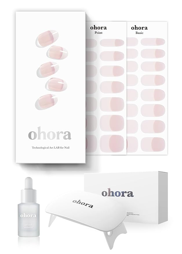 ohora Semi-Cured Gel Nail Strips Value Set (N Essential French Starter Kit) Includes Full Size Lamp and Mini Remover, Salon-Quality, Long Lasting, Easy to Apply & Remove