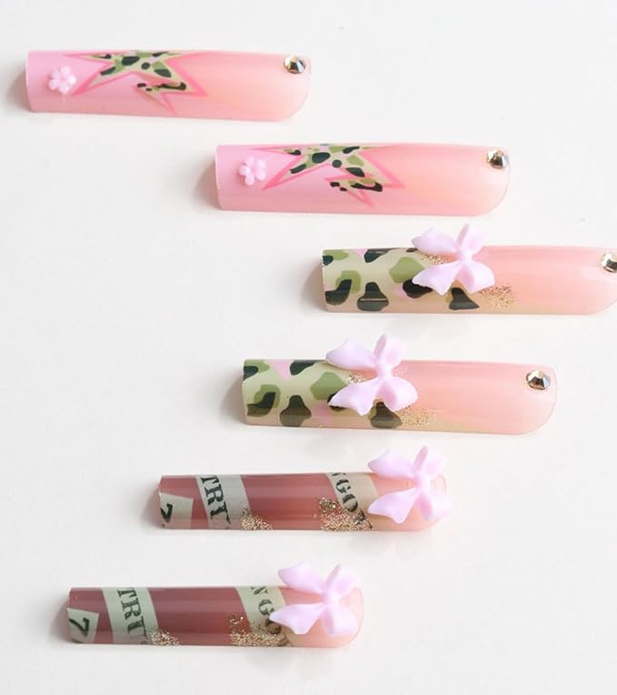 Press on Nails Square - Extra Long Fake Nails with 3D Bows and Flowers, Green French Tips Pink False Nail with Glue Sticker, Stick On Nails for Women, 12 Sizes - 24 Nail Kit, Moss Camo