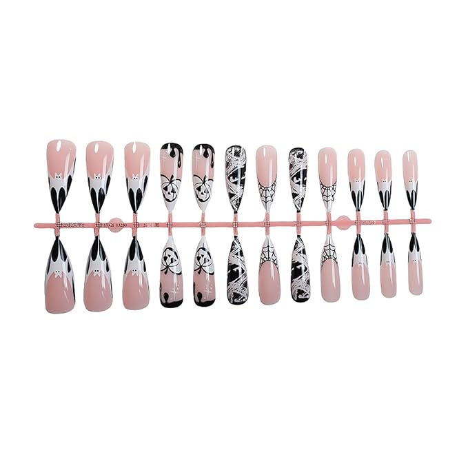 Halloween Press on Nails,White Black Ghost Fake Nails | Long Stiletto False Nails with Spider Web & Pumpkin Designs,Full Cover Stick on Nails for Women Girls | Halloween Nail Art Decor - 24Pcs