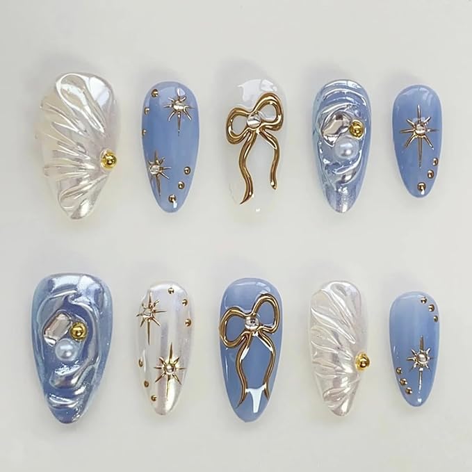 30Pcs Handmade Press on Nails Ocean Shell Holographic Fake Nails with 3D Gold Beads Starfish Bow Pearl Designs Medium Almond False Nails Glossy Full Cover Artificial Acrylic Nail for Women