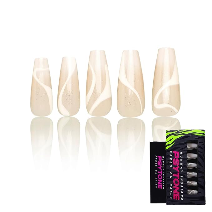 Press on Nails Almond Short Medium Long Nails with Designs press ons uñas postizas Acrylic French Tip Nails Coffin (White Waves)