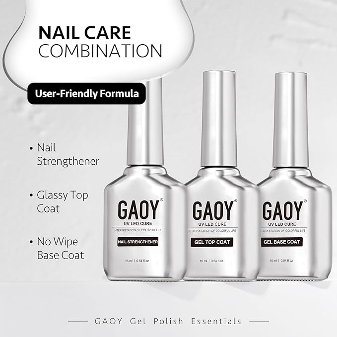 GAOY Gel Top Coat, Nail Strengthener and Base Coat Set, 3 Pcs 16ml Clear Glossy No Wipe Combination for UV Light Cure Gel Nail Polish