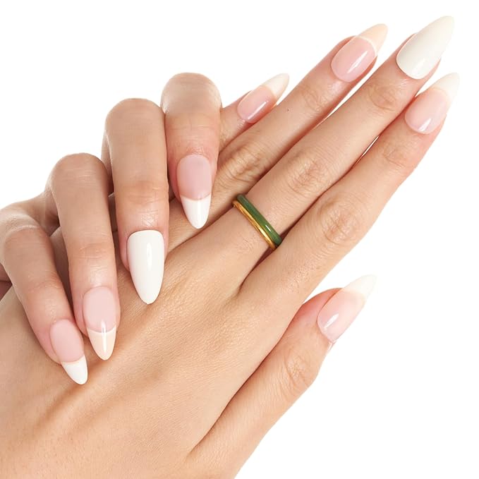 GLAMERMAID Creamy White Press on Nails Medium Almond, Nude Pink Beige Crush Jelly Gel False Nals, French Tip Stiletto Glue on Nails Kit for Women, Short Oval Stick on Acrylic Fake Nails Manicure Set