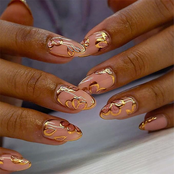 Gold Press on Nails Flower Fake Nails Medium Almond False Nails Press ons with Gold Floral Design,Reusable Artificial Nails Glossy Full Cover Stick on Nails for Women Manicure 24 Pcs