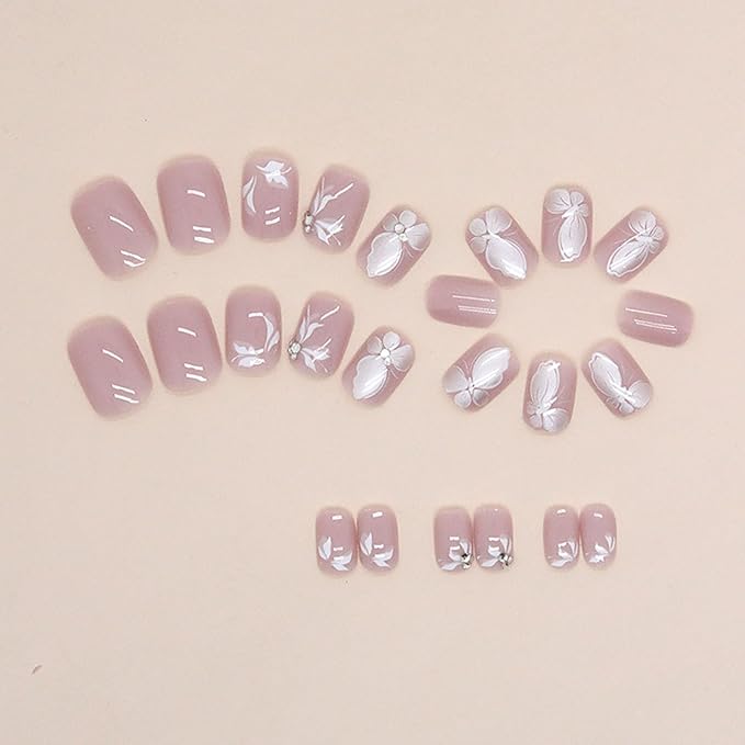 Pink Glitter Butterfly False Nails - 24pcs Full Cover Glossy Glue on Acrylic Artificial Nails