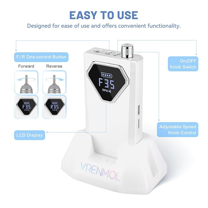 Vrenmol Professional Electric Nail Drill: 35000RPM Rechargeable Nail Drill Machine with Base Portable Nail File with Nail D rill Bits for Remove Gel Dip Acrylic Nails Nail Art Salon Use White