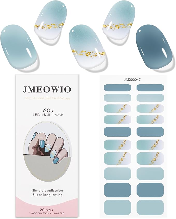 JMEOWIO Gel Nail Stickers Gold Glitter Gradient Blue Semi Cured Gel Nail Strips Wraps UV/LED Nails Art Design Decoration Accessories