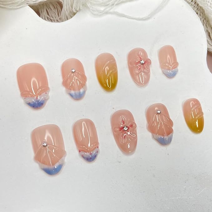 Handmade Press on Nails Gradient Press on Nails Short Almond Fake Nail Rhinestones False Nails Glossy Flower Full Cover French Stick on Nail Acrylic Artificial Nails for Women Glue on Nails (Size M)