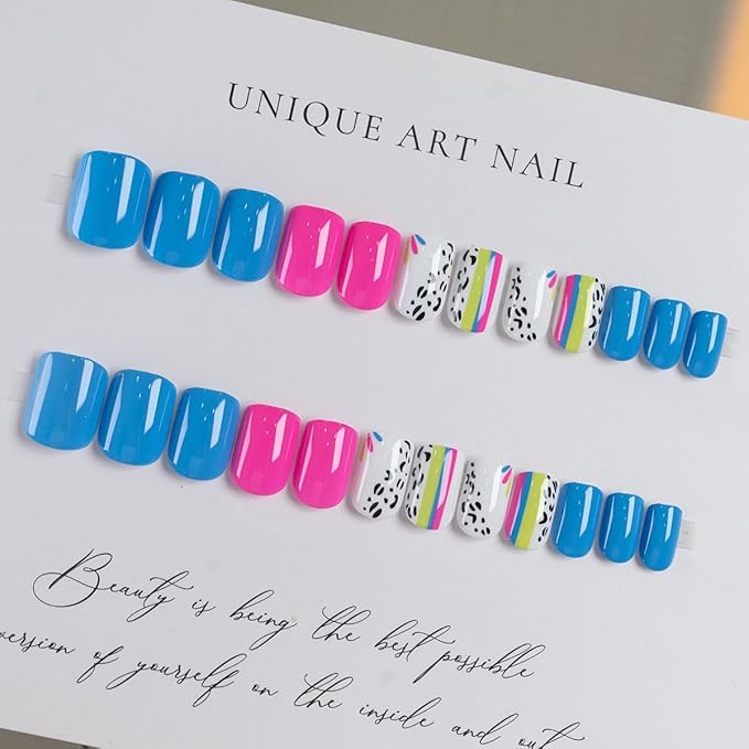 Press on Nails Short - Square Fake Nails with Colorful Line Design - Glossy Full Cover Stick on Nails - for Women 24 Pcs