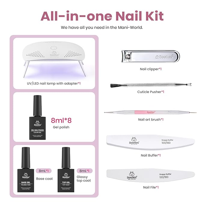 Beetles Gel Nail Polish Kit with U V Light - 16 Pcs 8 Color Gel Polish Starter Kit Pink Nude Purple Grey Glitter Color Gel and Base & Top Coat Soak Off DIY Kit Manicure Gifts for Women Girls Teens