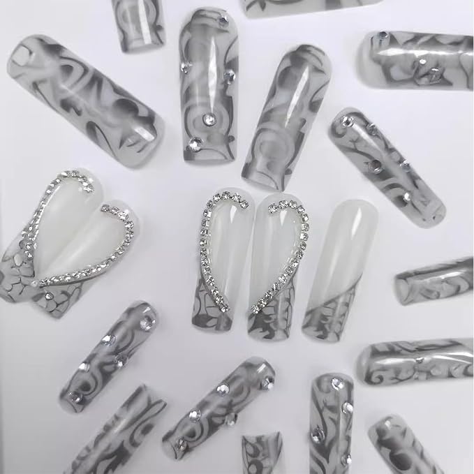 Square Press on Nails Long Fake Nails with Heart Rhinestones Designs Black Acrylic Nails Press ons Cute Glue on Nails Full Cover Stick on Nails for Women 24 Pcs