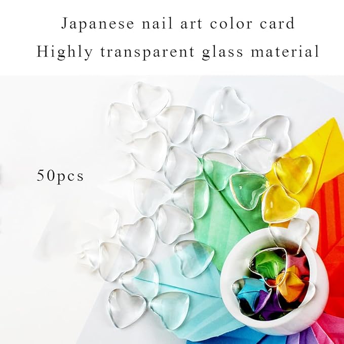 Nail Art Display Card, 50pcs Transparent Nail Polish Color Display Card Portable Polish Gel Color Glass Card Nail Art Practice Design Tool(Heart Shape)