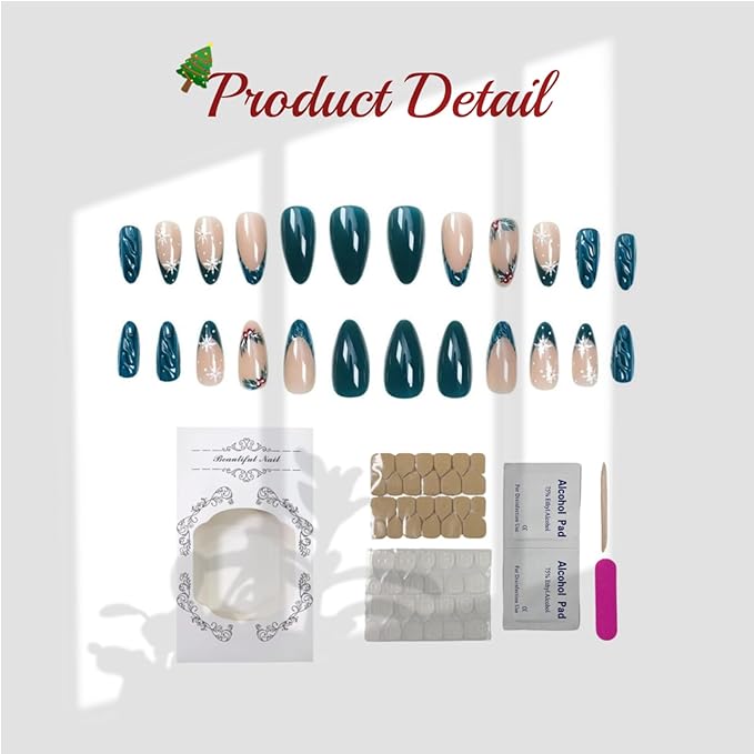 Press On Nails Almond Christmas, French Tip Press on Nails Short, Glue On Nails for Women Gift, Supremely Fit Natural Reusable Stick On Nails in 12 Sizes -24 Fake Nails Kit, French Dark Green
