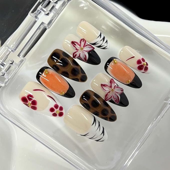 10Pcs Handmade Press On Nails Medium Almond Fake Nails 3D Flower With Gradient Design French Tip False Nail Full Cover Floral Stick On Nail Acrylic Glossy For Women Manicure(SIZE:Large)
