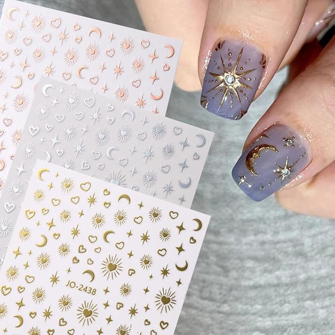 9 Sheets Star Sun Moon Nail Stickers Decals 3D Self-Adhesive Pegatinas Uñas Silver Nail Stickers Holographic Gold Black Heart Nail Supplies for Women Girls DIY Nail Art Design Decoration Accessories