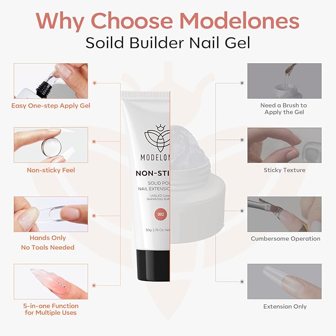 modelones Solid Builder Gel for Nails, Non-Sticky Upgraded Poly Extension Hard Gel Nude for 3D Art Sculpting Molding Beginners-friendly 50g