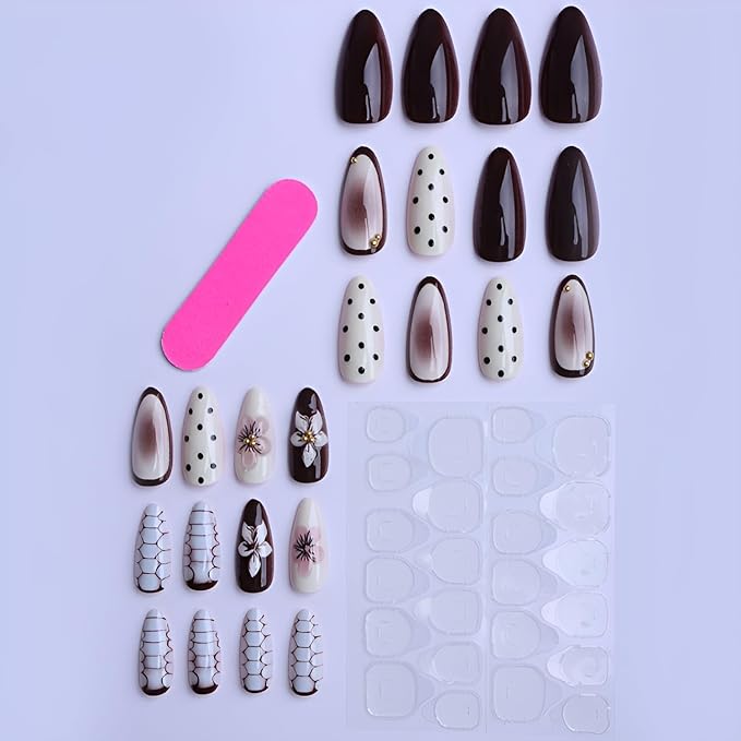Flower Press on Nails Medium Almond Fake Nails Polka Dot Nails Press Ons Glossy Full Cover False Nails White Brown Glue on Nail DIY Acrylic Stick on Nail for Women Decoration Set 24Pcs