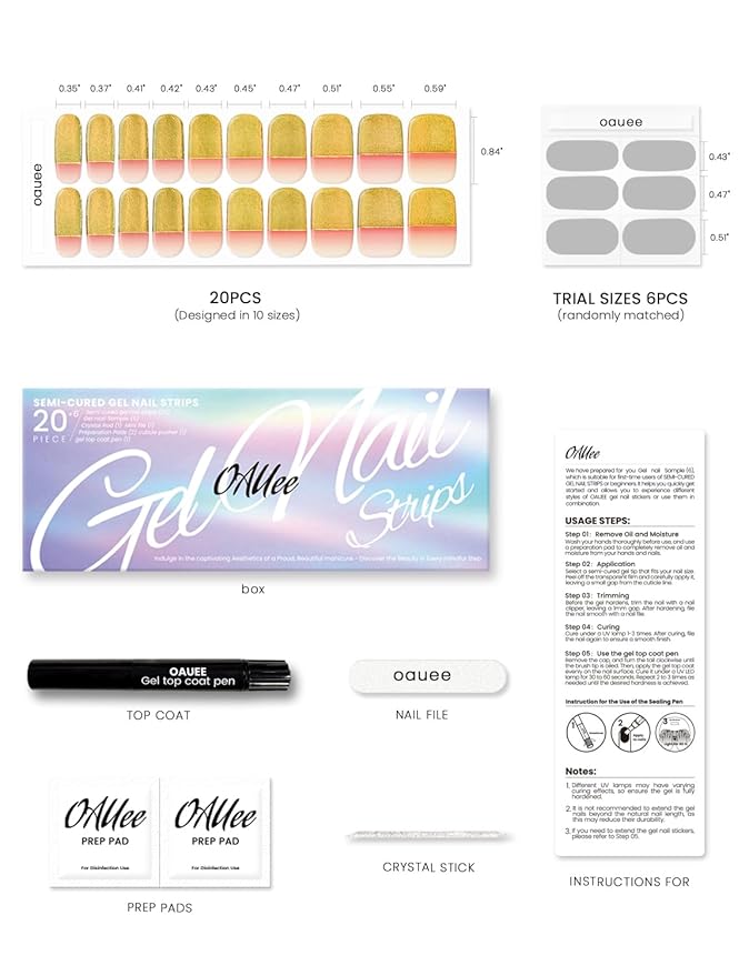 Semi Cured Gel Nail Strips | Built-In Gel Top Coat | UV Light Required | Salon Quality, Easy Application And Removal (Gilded Crescent）