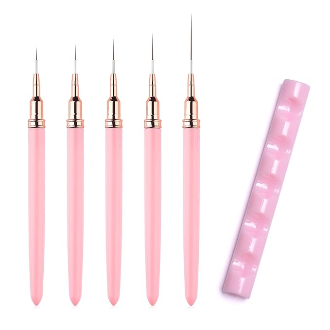 Nail Art Liner Brushes with Nail Brush Holder 5Pcs Striping Brushes Gel Polish Painting Art Design Pen Set for Fine Drawing (Pink)