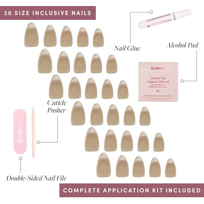 Glamnetic Press On Nails - Honey Bun Fake Nails | Trendy Neutral Nude Velvet Sparkly Short Almond Fake Nails, Salon Quality | 15 Sizes - 30 Nail Kit with Glue