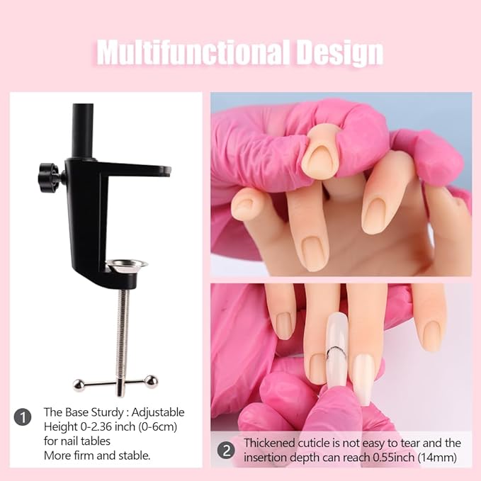 Silicone Practice Hand for Acrylic Nails, Mannequin Hands for Nails Practice with Adjustable Bracket, Life Size Fake Hand for DIY Nails/Nail Art Beginners/Nail Salon Artists