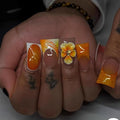 Orange Press on Nails Flower Fake Nails Glossy False Nails with Design French Tip Glue on Nails Reusable Artificial Acrylic Full Cover Duck Stick on Nails for Women Girls Manicure 24Pcs