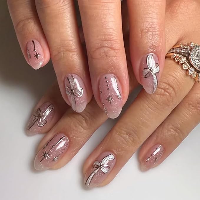 Pink & Silver Press on Nails Short Almond Fake Nails Silver Star Bow Nail Art Design False Nails Press ons for Women Manicure,Glossy Finish | Reusable | Nail Kit with Jelly Adhesive Tabs | 24 Pcs